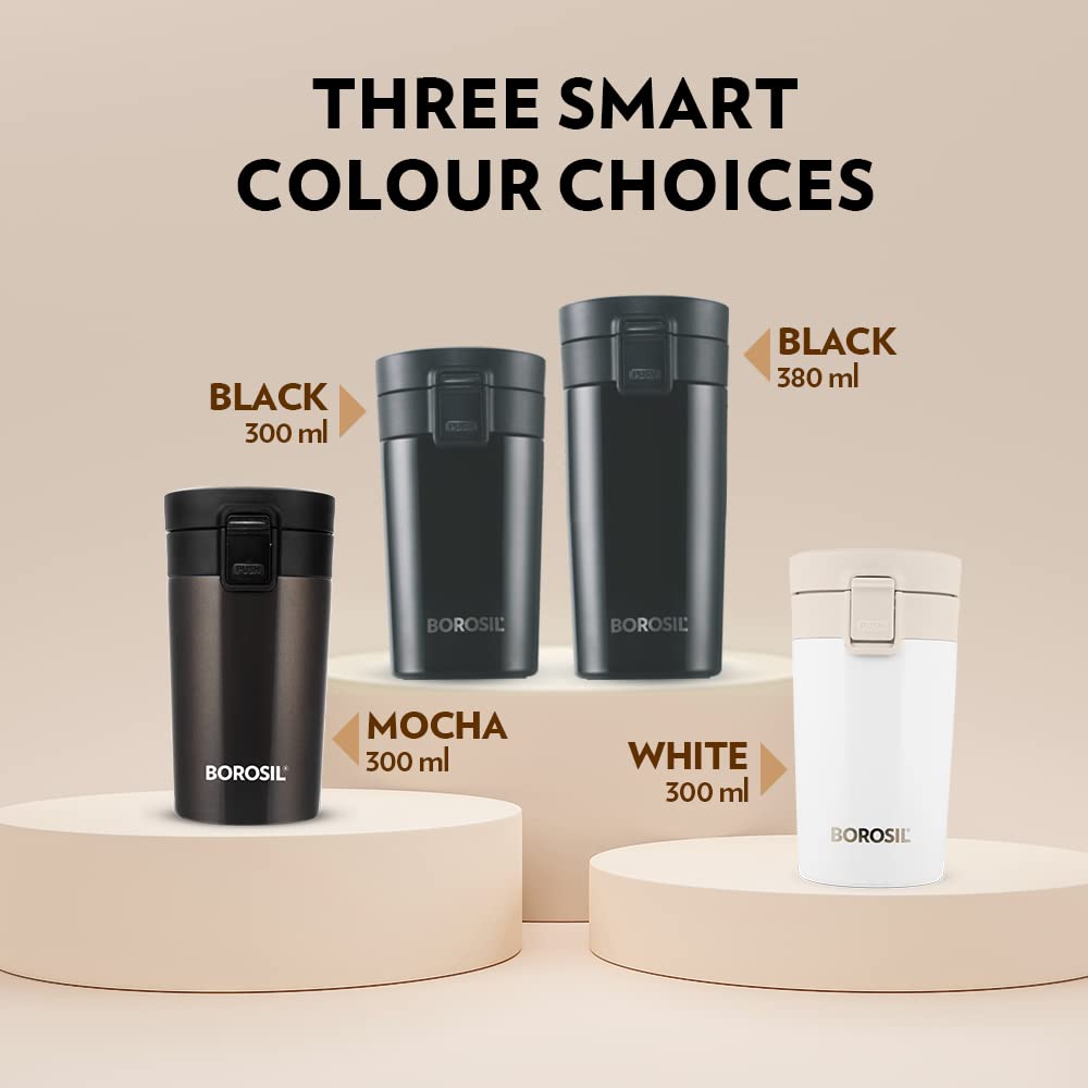 Borosil Coffeemate Insulated Mug, Vacuum Insulated Travel Coffee Mug With Lid, 8 Hours Hot And 14 Hours Cold, 300 Ml, Mocha, Sta